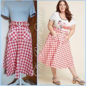 NWT(D) Modcloth Collectif Violetta Gingham Swing Skirt Heart Pockets Belt M